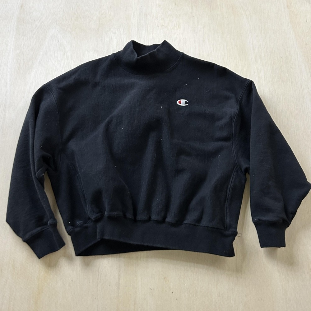 Champion Reverse Weave Sweatshirt Womens Medium Black Mock Neck Cropped Fleece